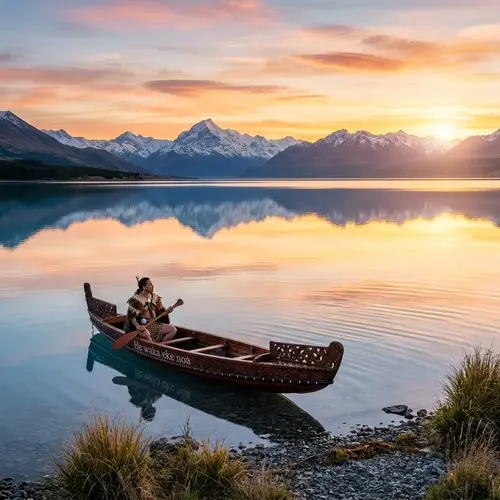 Majestic Sunrise Over Serene Lake and Māori Canoe