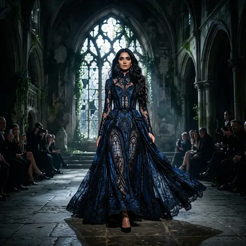 Gothic Romance Fashion Model on Catwalk in Forgotten Castle