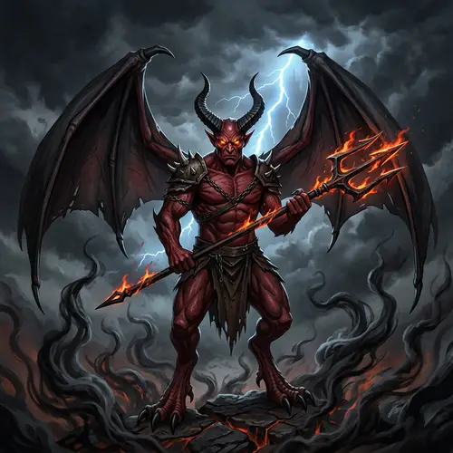 Frightening Demon Creature with Fiery Eyes and Iron Trident