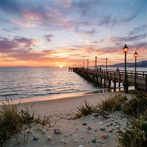 Vintage Seascape Sunset | Calm Sea & Wooden Pier