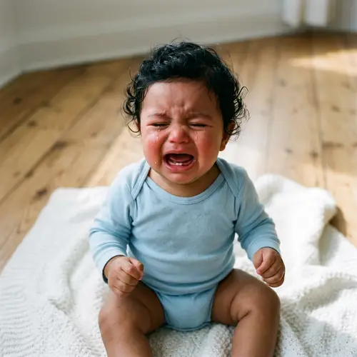 Cute Crying Baby in Blue Onesie on White Blanket