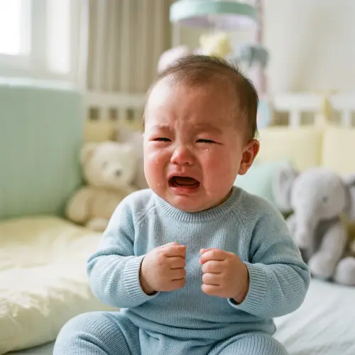 Asian Baby Crying in Blue Onesie | Emotional Infant Photo