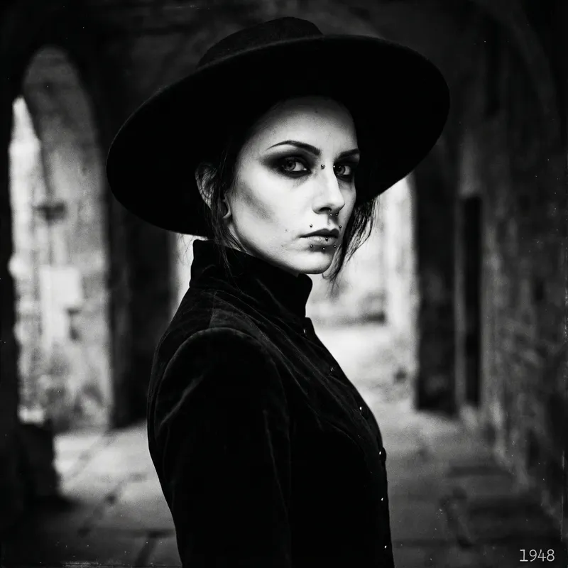Vintage Film Noir Portrait of Moody Gothic Girl