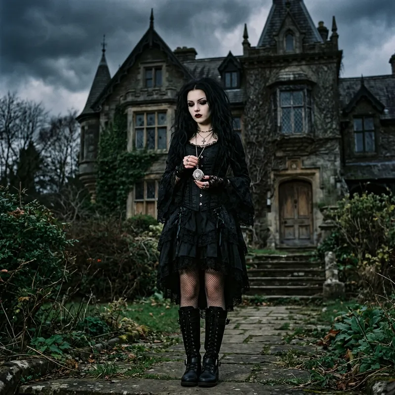 Gothic Young Woman in Black Corseted Dress Gothic Young Woman in Black Corseted Dress