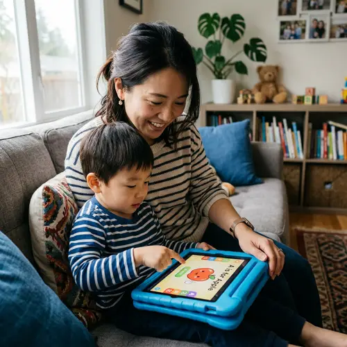 Asian Mother Guiding Child to Use iPad | Familial Sofa Scene