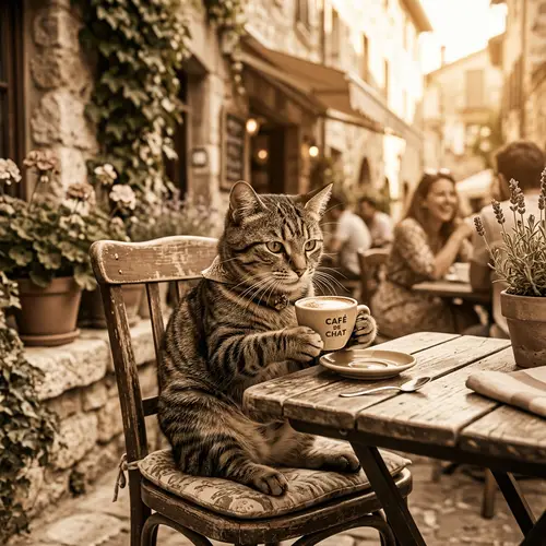 Playful Tabby Cat Sipping Coffee | Sunny Terrace