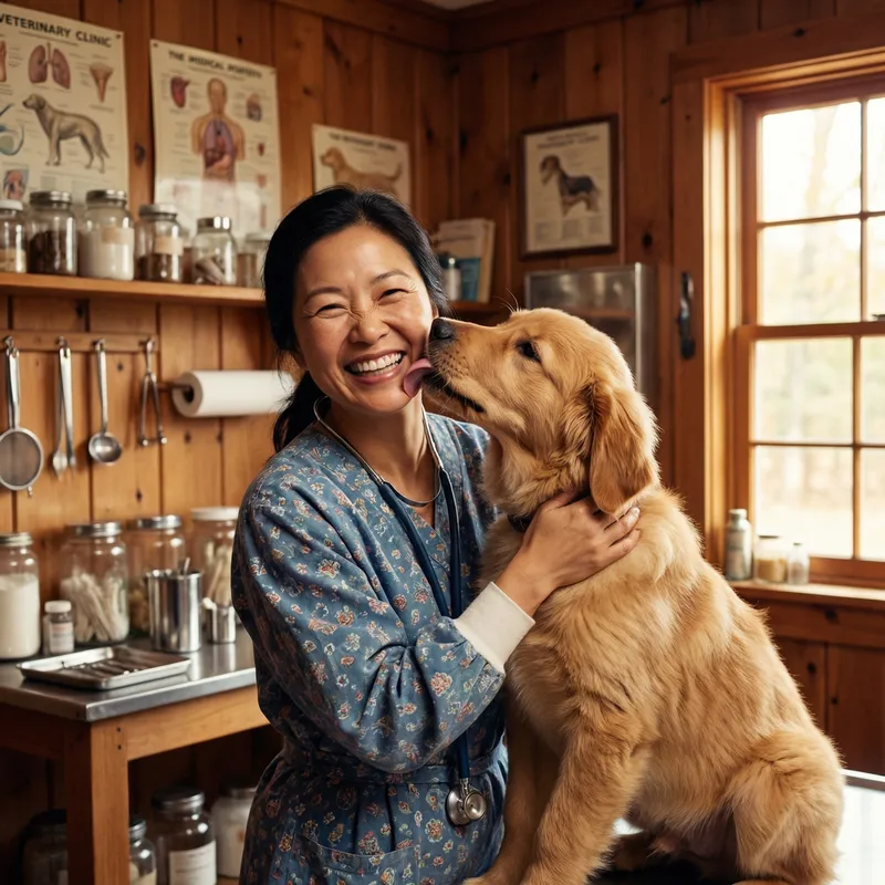 Happy Retro Style Veterinarian with Dog Care
