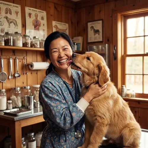 Happy Retro Style Veterinarian with Dog Care
