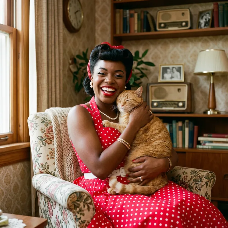 Happy Retro Style Woman Holding a Cat Happy Retro Style Woman Holding a Cat