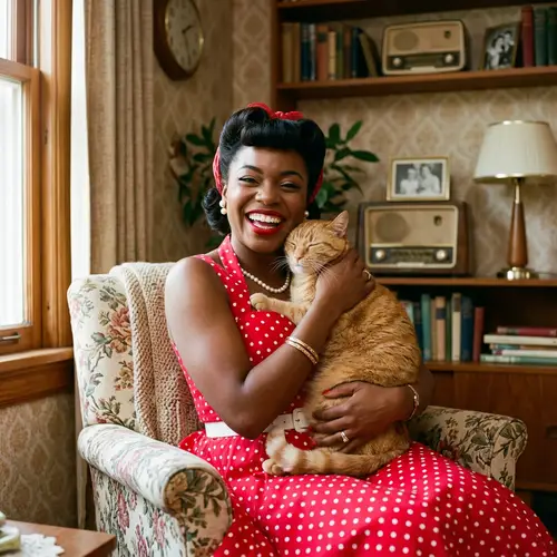 Happy Retro Style Woman Holding a Cat