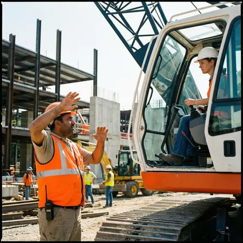 Professional Rigger Instructs Crane Operator at Construction Site