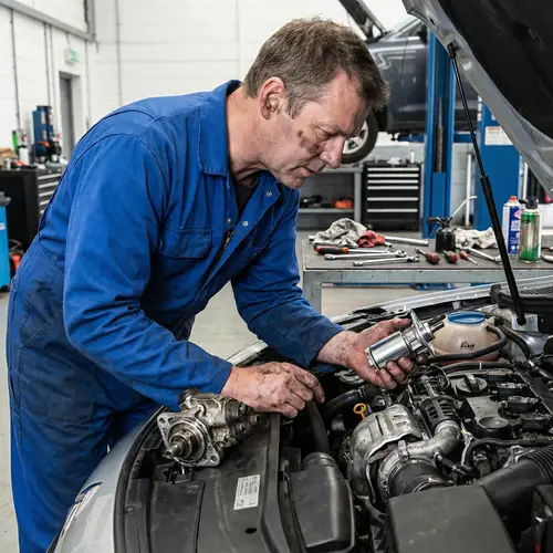 Professional Male Mechanic Replacing Fuel Pump in Modern Vehicle Engine