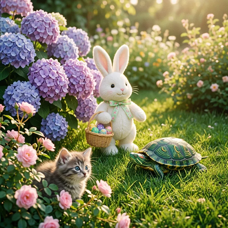 Endearing Easter Bunny, Green Turtle & Kitten Image