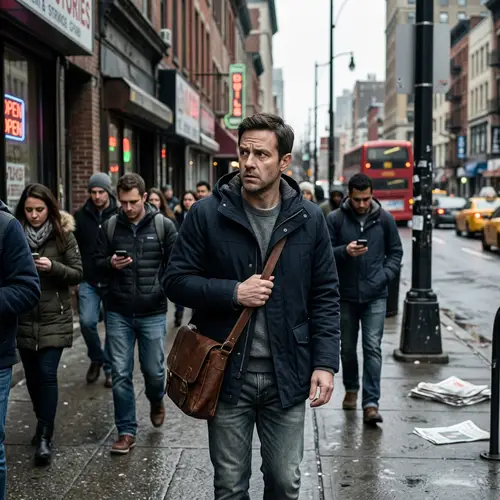 Man Under Constant Surveillance in a Busy Cityscape