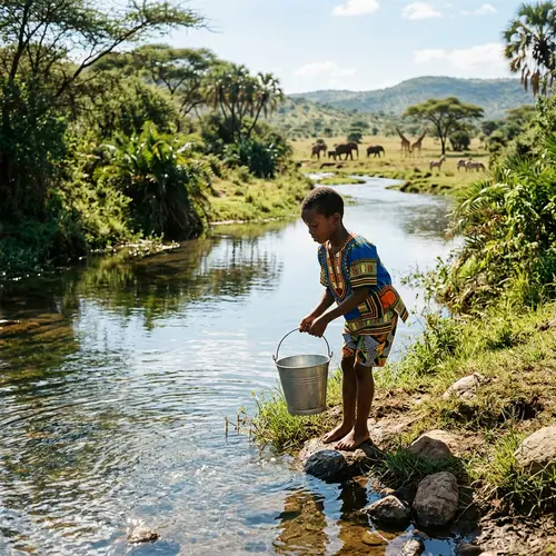 Young Black Boy by Calm Stream in Sub-Saharan Africa