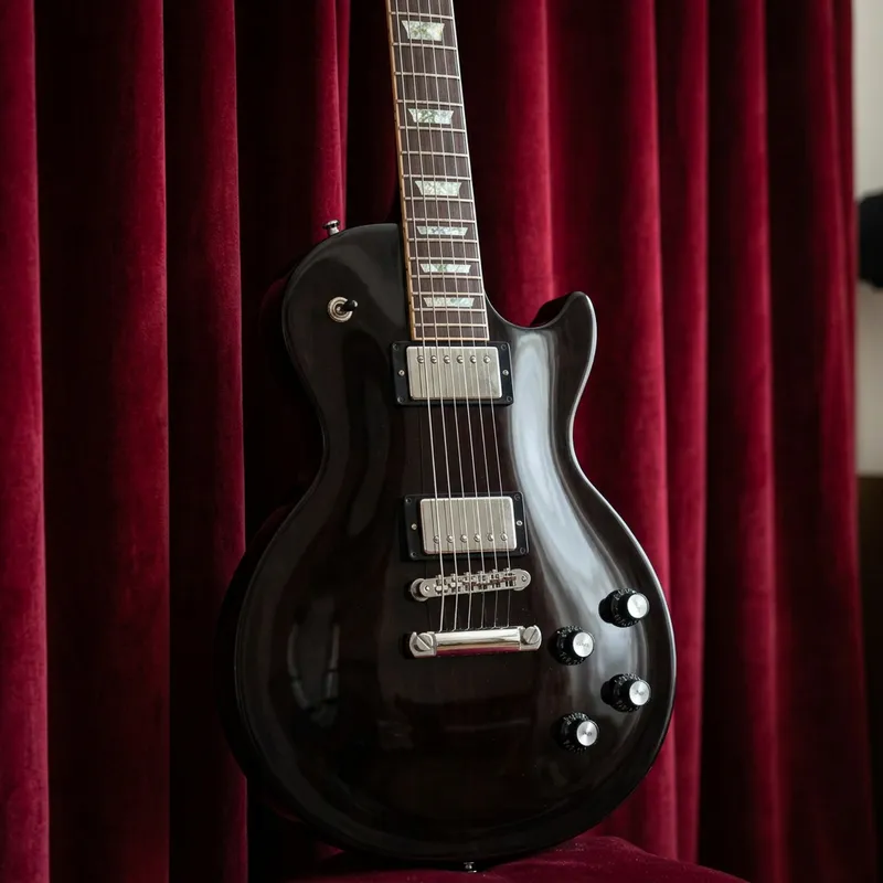 Vintage Electric Guitar with Ebony Finish | Rich Velvet Curtains Vintage Electric Guitar with Ebony Finish | Rich Velvet Curtains