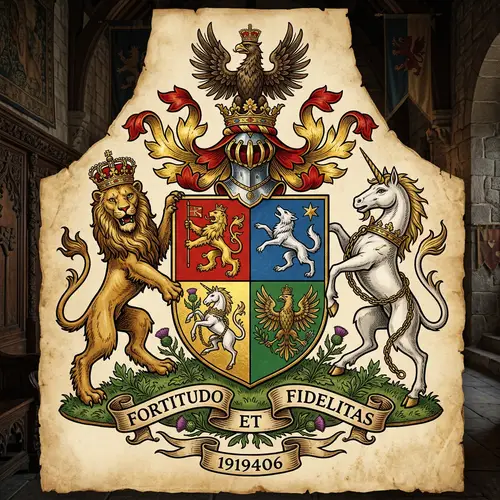 Heraldic Emblem with Lion, Wolf, Unicorn, and Eagle