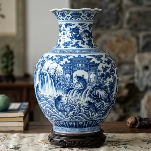 Kangxi Ceramic Vase: Carps Over Dragon Gate Design