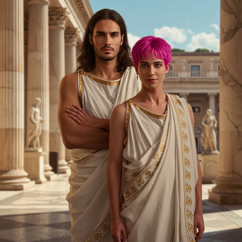 Dynamic Duo in Toga: Long Hair & Femboy Style