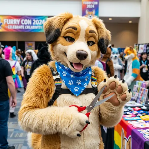 Fursuit Dog with Scissors: Playful Canine Craft
