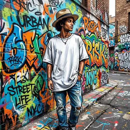 Graffiti Style Person in Oversized White T-Shirt and Panama Hat