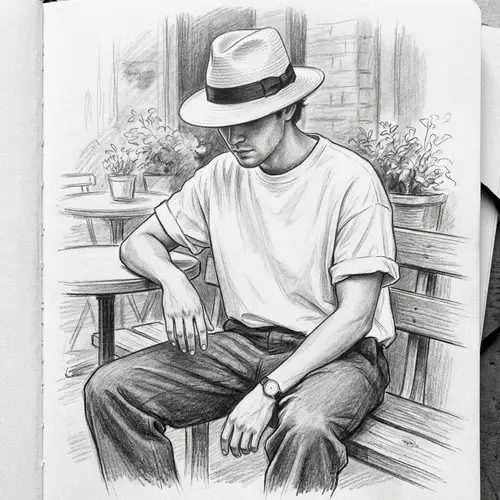 Stylish Celebrity-Inspired Figure in White T-Shirt and Panama Hat