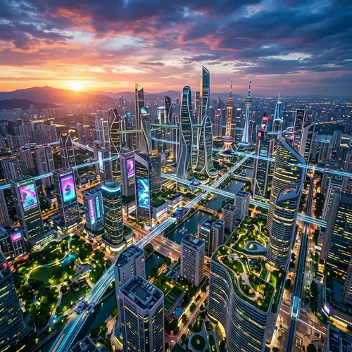 Futuristic Cityscape at Dusk: High-Tech Skyscrapers & Neon Lights