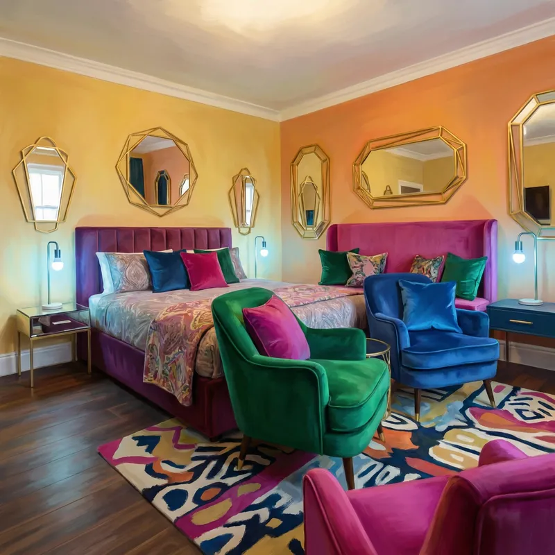 Contemporary Elegant Bedroom with Vibrant Colors and Velvet Accents