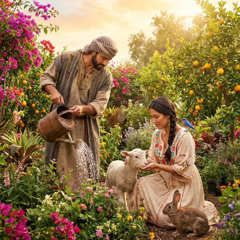 Adam and Eve: Tending Garden, Watering Plants, and Caring for Animals
