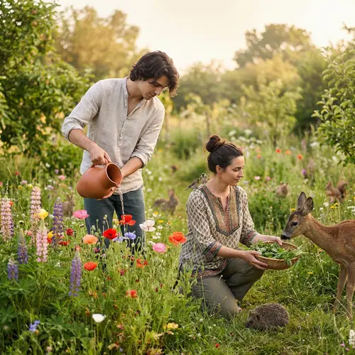 Lush Garden Scene with Young Couple in Paradise