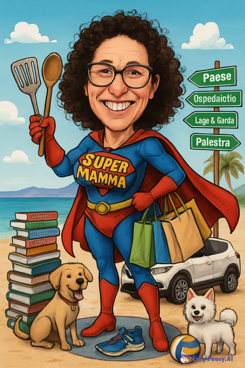 Fun Supermom Caricature Art with Beach Background