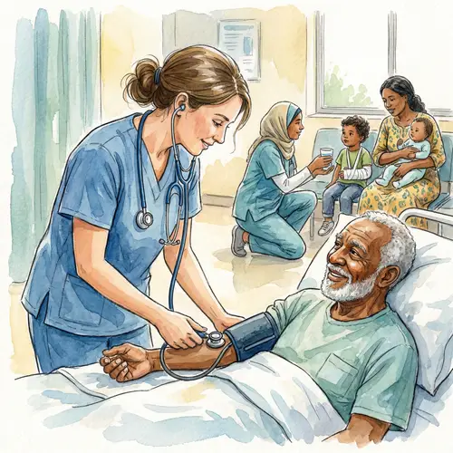 Compassionate Nurse Caring for Diverse Patients - Watercolor Painting