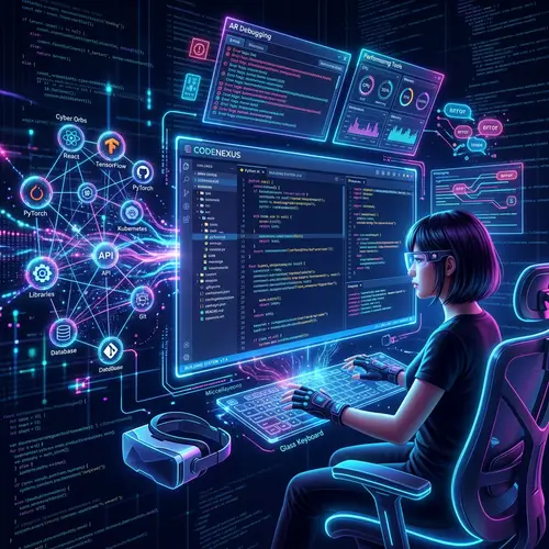 Futuristic Coding Toolbox: Advanced Software, AR Debugging, Cyber Orbs