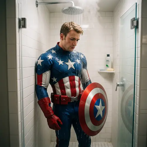 Thoughtful Male Athlete in Star-Spangled Costume Shower Scene