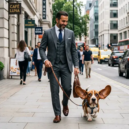 Successful Middle-Eastern Businessman Walking Cute Cartoon-Like Dog