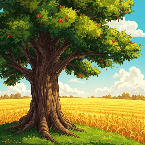 Cartoon Oak Tree Overlooking Corn Fields
