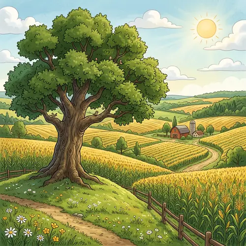 Cartoon Oak Tree Overlooking Corn Fields