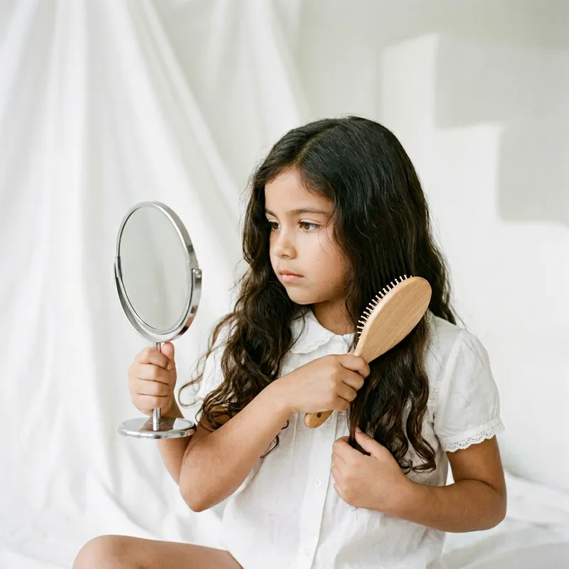 Young Hispanic Girl Combing Hair on White Background