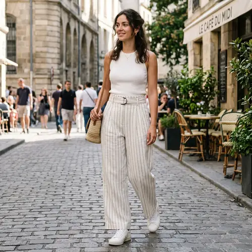 Chic White Striped Baggy Pants with Integrated Belt