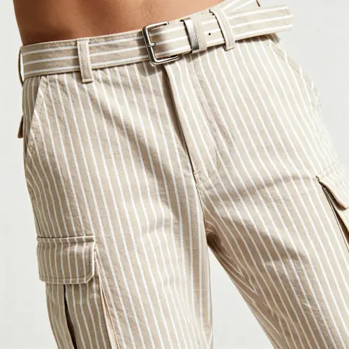 Chic White Striped Baggy Pants with Integrated Belt