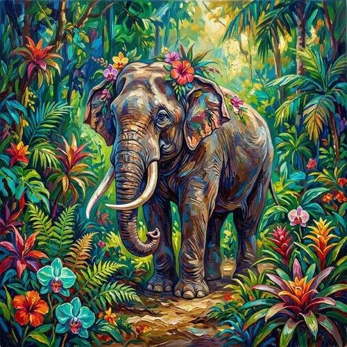 Majestic Elephant in Lush Tropical Forest | Vibrant Colors