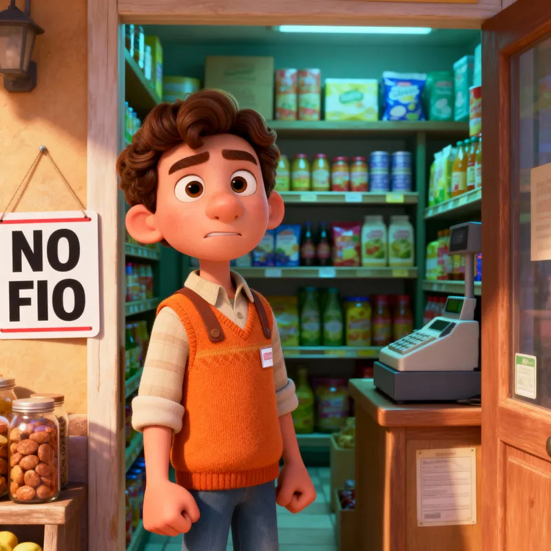 Friendly Shopkeeper in Cozy Pixar Store