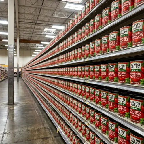 Endless Shelf of Vibrant Tomatoes - Hyper-realistic Stocked Cans