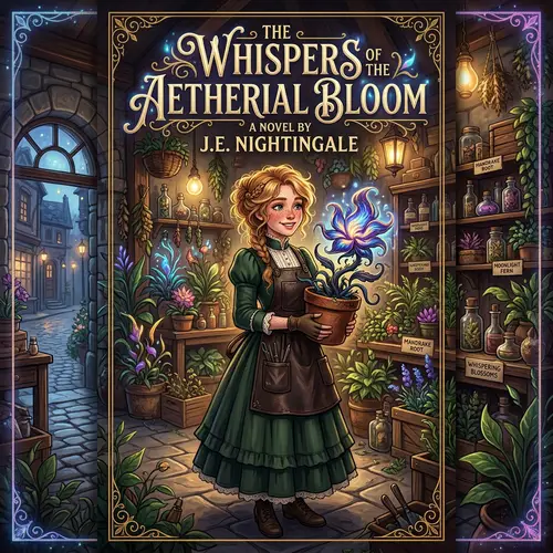 Fantasy Book Cover: Victorian Girl with Strange Flower in Flower Shop