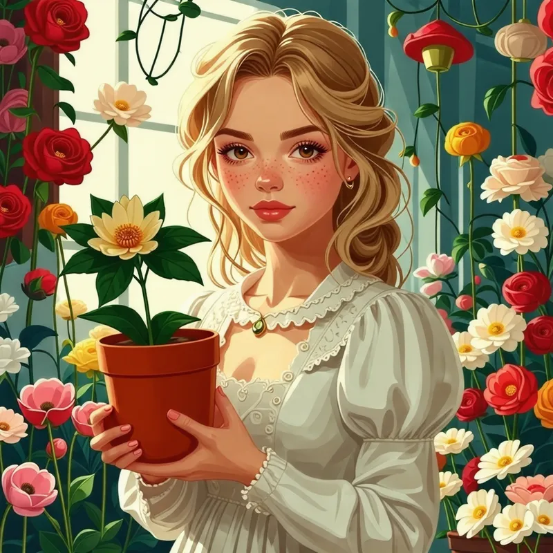 Fantasy Book Cover: Victorian Girl with Strange Flower in Flower Shop