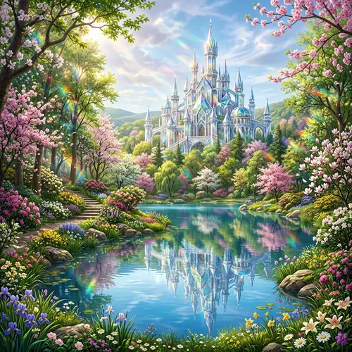 Enchanting Crystal Castle in Spring's Embrace