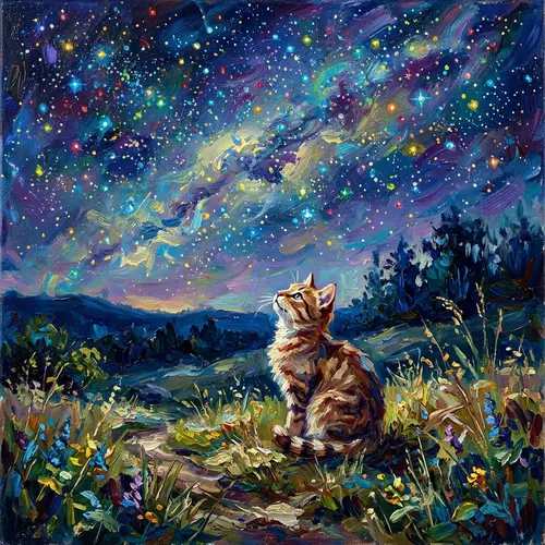 Impressionist Style Image of a Cat Gazing at Colorful Stars