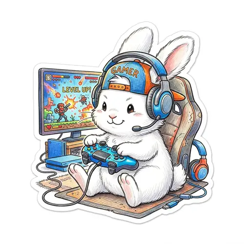 Hand-Drawn Cool White Rabbit Gaming Sticker - Unique Die-Cut Design
