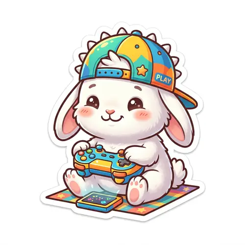 Cute Cartoon White Rabbit Gaming with Colorful Cap