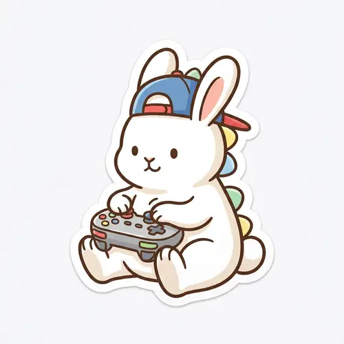 Colorful Cartoon White Rabbit Gaming with Game Controller